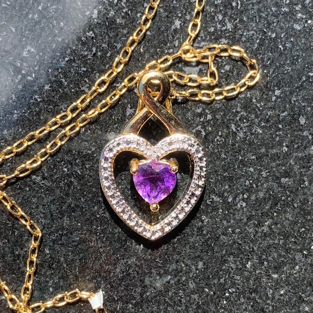 Gold Plated Heart Ribbon Amethyst Necklace Vintage